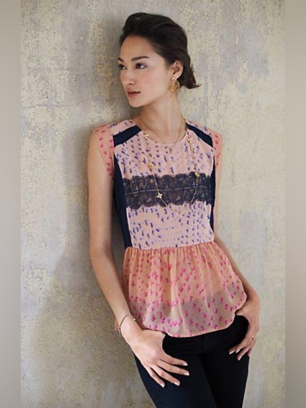Maeve Anthropologie Lace Detail Printed Peplum Blouse Size M